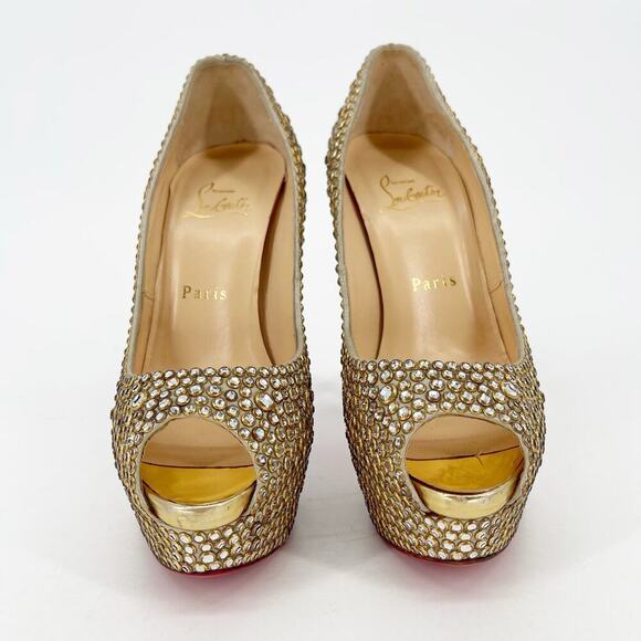 Christian Louboutin Gold Lady Peep 150 Ring Strass Platform Peep Toe Pump EU 37 - Picture 7 of 14